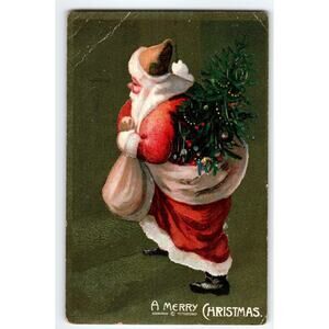Santa Claus Christmas Postcard X-mas Tree Under His Arm Germany 1908 Embossed